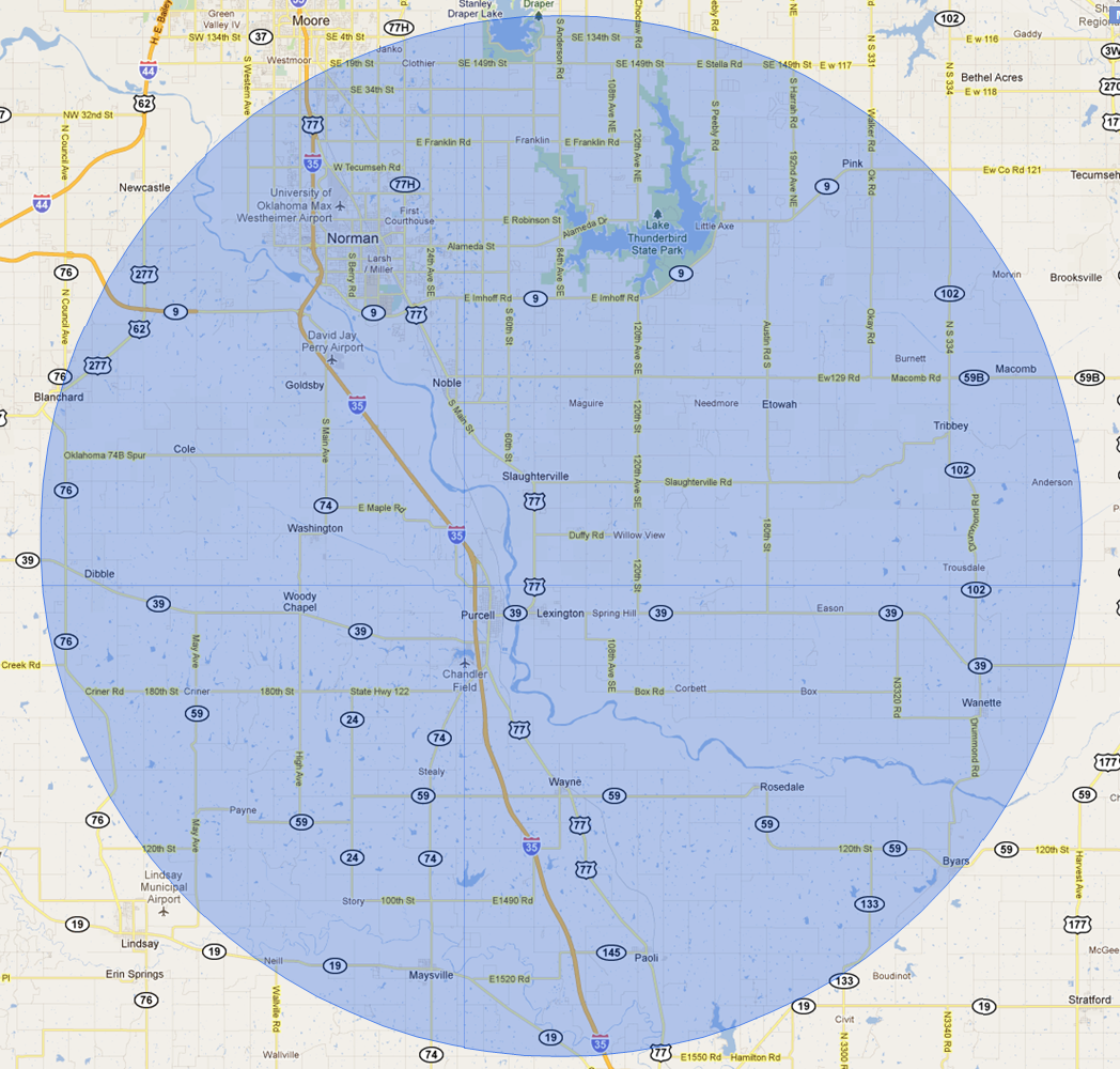 20 mile radius